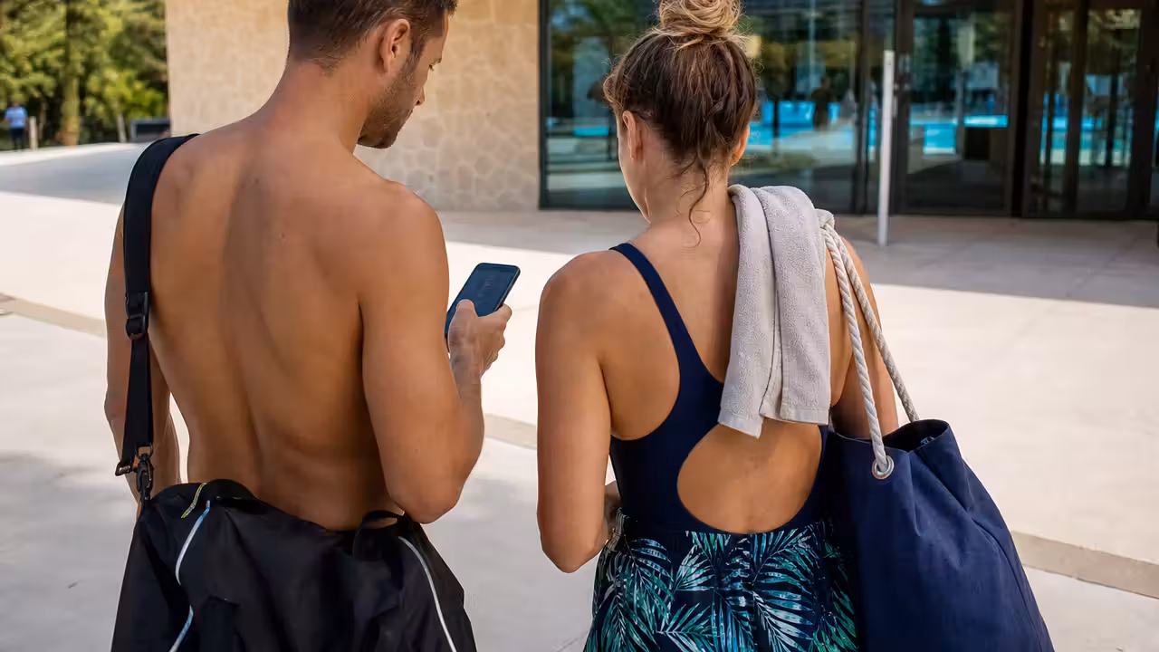 Usagers consultant une réservation sur smartphone devant l’entrée d’une piscine municipale lumineuse