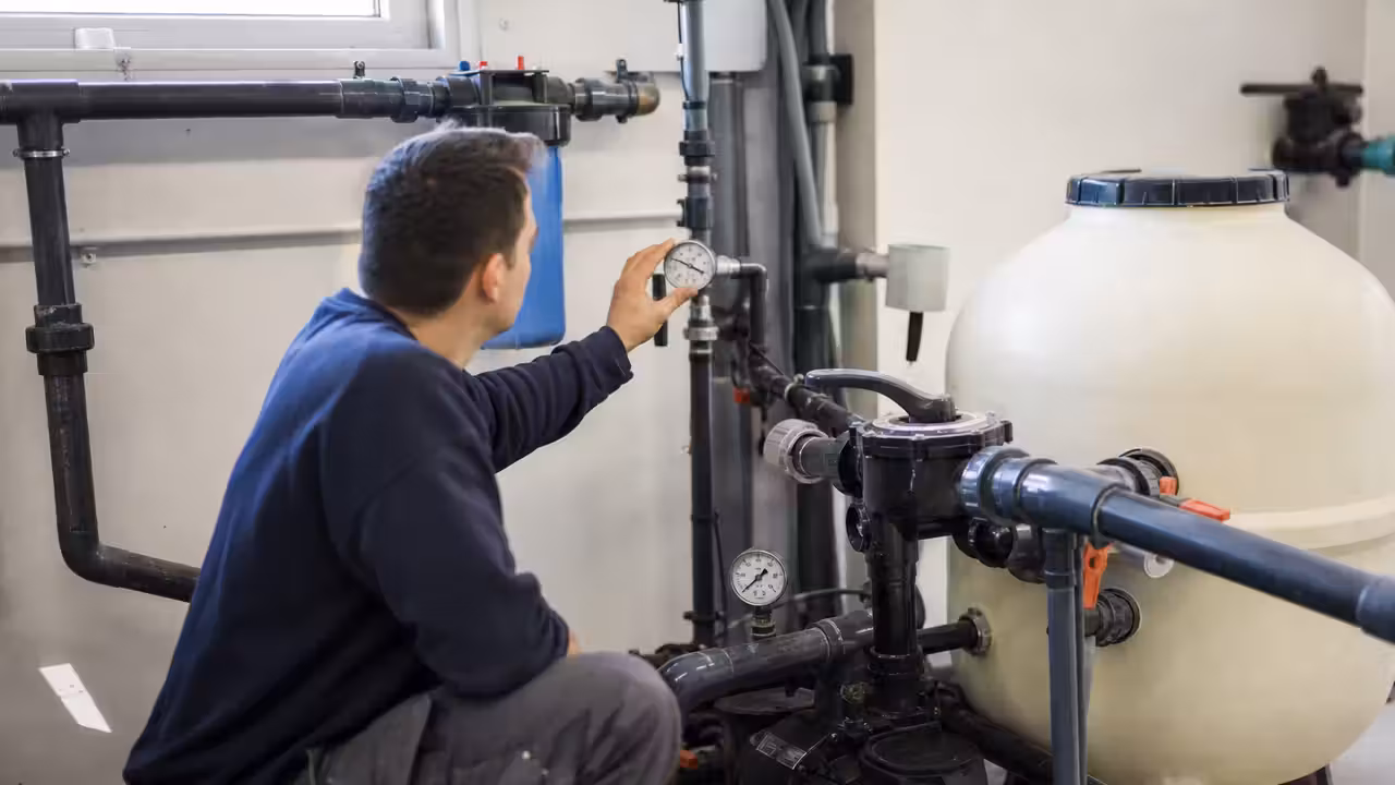 Atelier de formation avec stagiaires contrôlant le local technique d’une piscine et ses raccordements hydrauliques