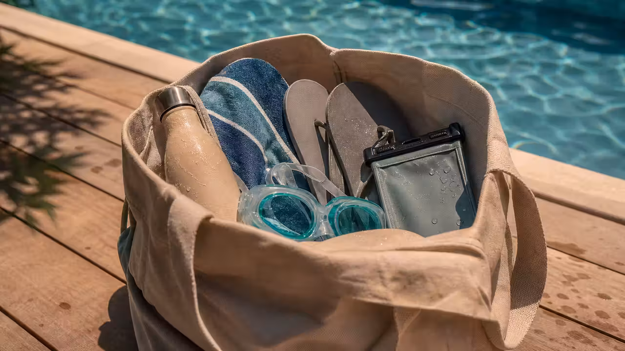 Grand cabas de piscine ouvert avec serviette, lunettes, tongs et pochette étanche près d’un bassin.