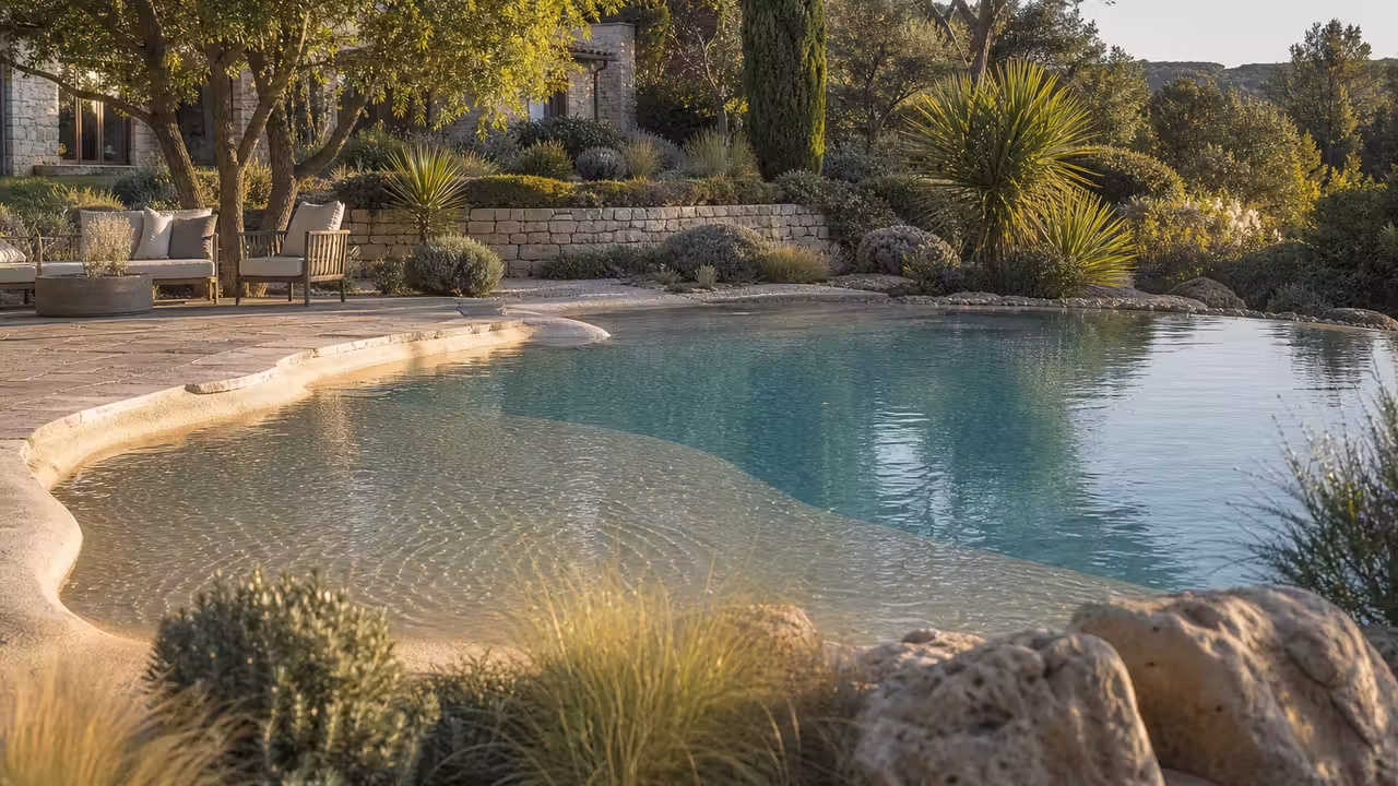 Piscine lagon aux courbes libres avec plage immergée, terrasse minérale et végétaux dans un jardin ensoleillé