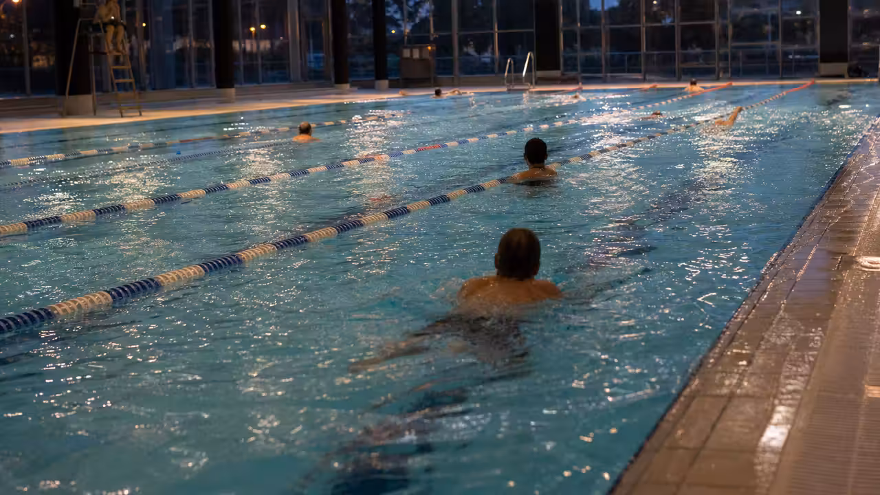 Couloirs d’une piscine municipale éclairés en soirée, avec nageurs vus de dos dans un bassin couvert