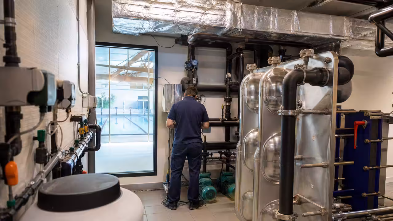 Local technique d’une piscine publique avec échangeurs et conduites de récupération de chaleur.