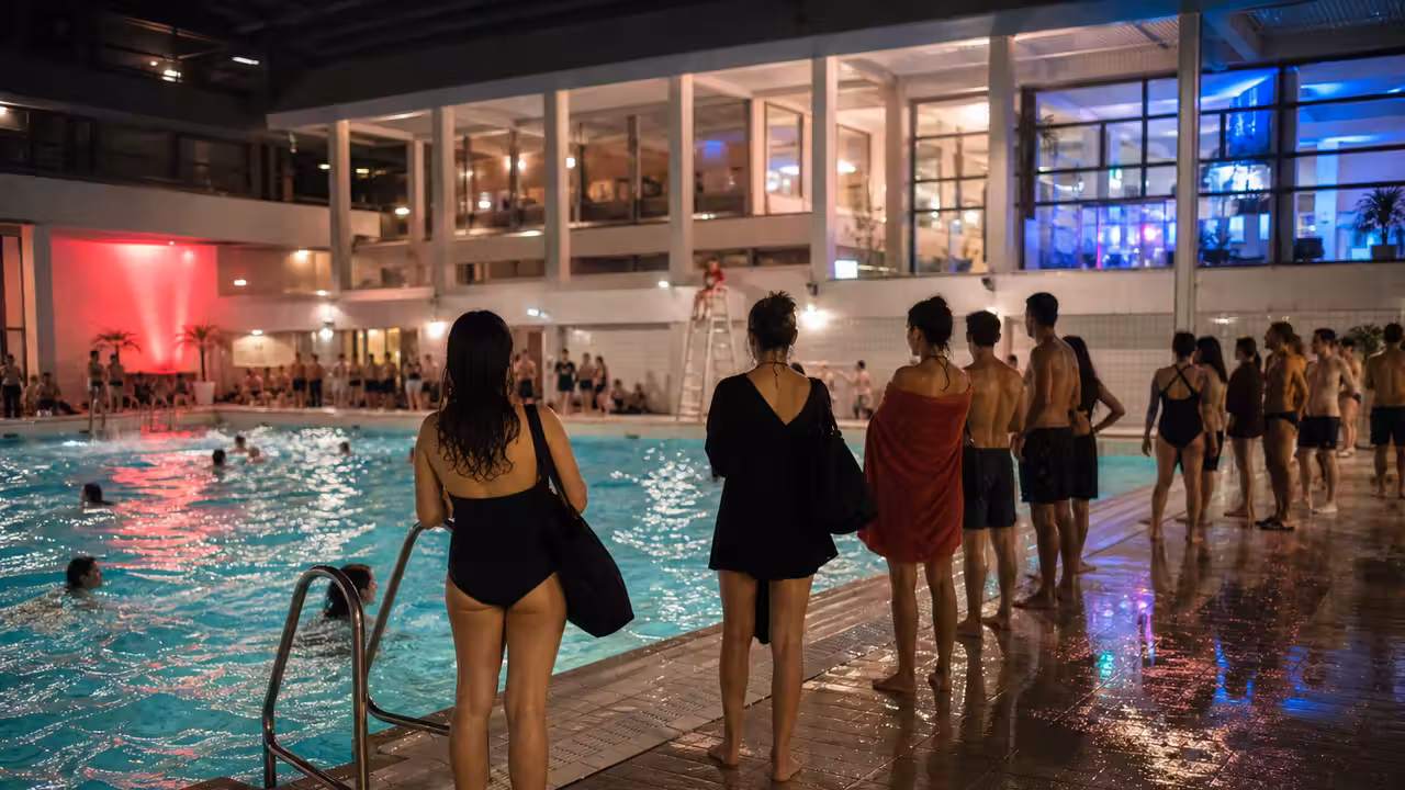 Bassin intérieur animé en soirée avec éclairages colorés et baigneurs adultes flous en arrière-plan