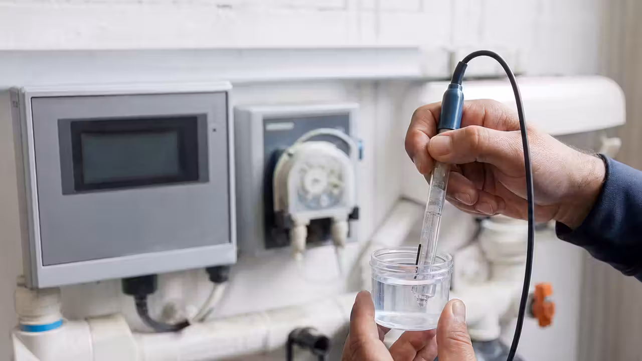 Mains plongeant une sonde de pH à bulbe de verre dans une solution tampon, dans un local technique de piscine
