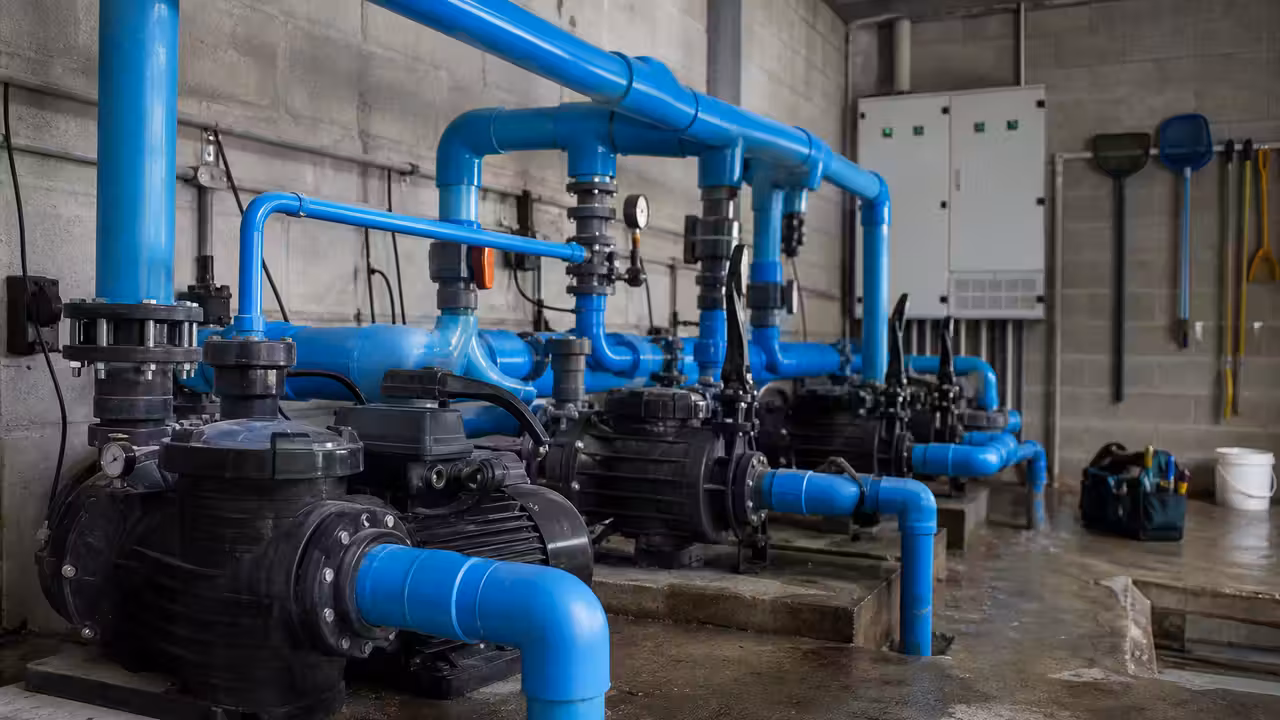 Local technique de piscine publique avec pompes, tuyauteries et vannes de filtration récemment entretenues