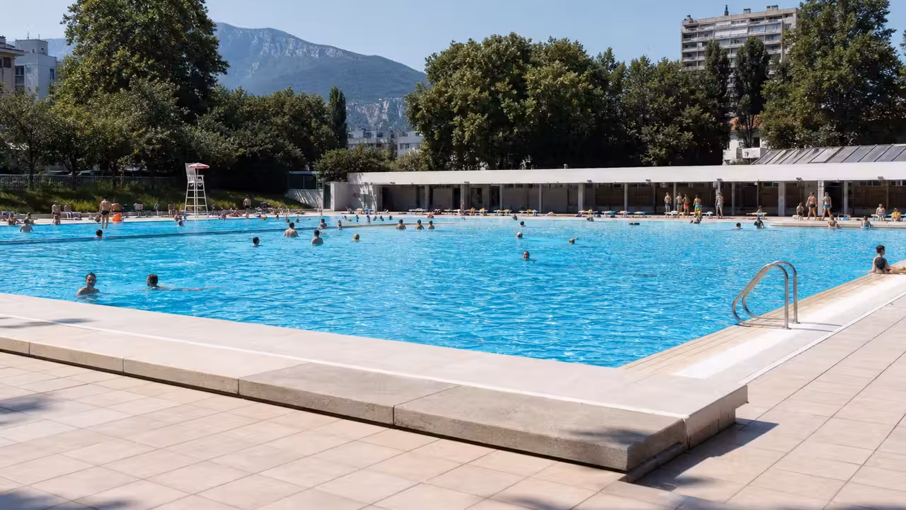 Bassin extérieur de la piscine Jean-Bron à Grenoble fréquenté par des nageurs lors d’une journée d’été