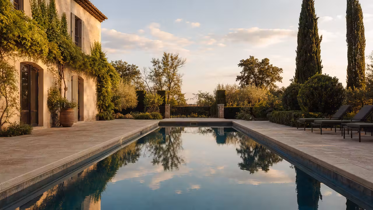 Piscine rectangulaire d’une villa provençale, terrasse claire, végétation méditerranéenne et reflets sur l’eau