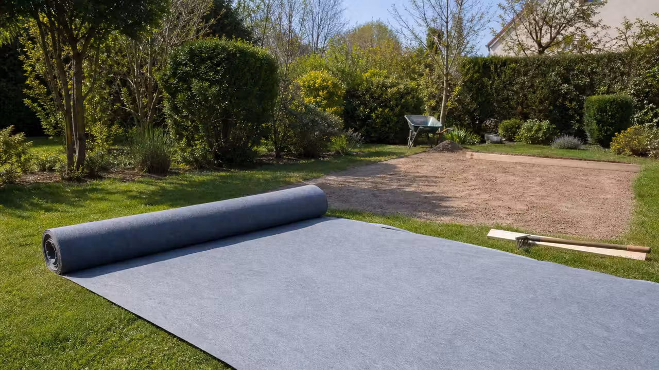 Tapis de sol géotextile déroulé sur un terrain nivelé avant l'installation d'une piscine hors-sol