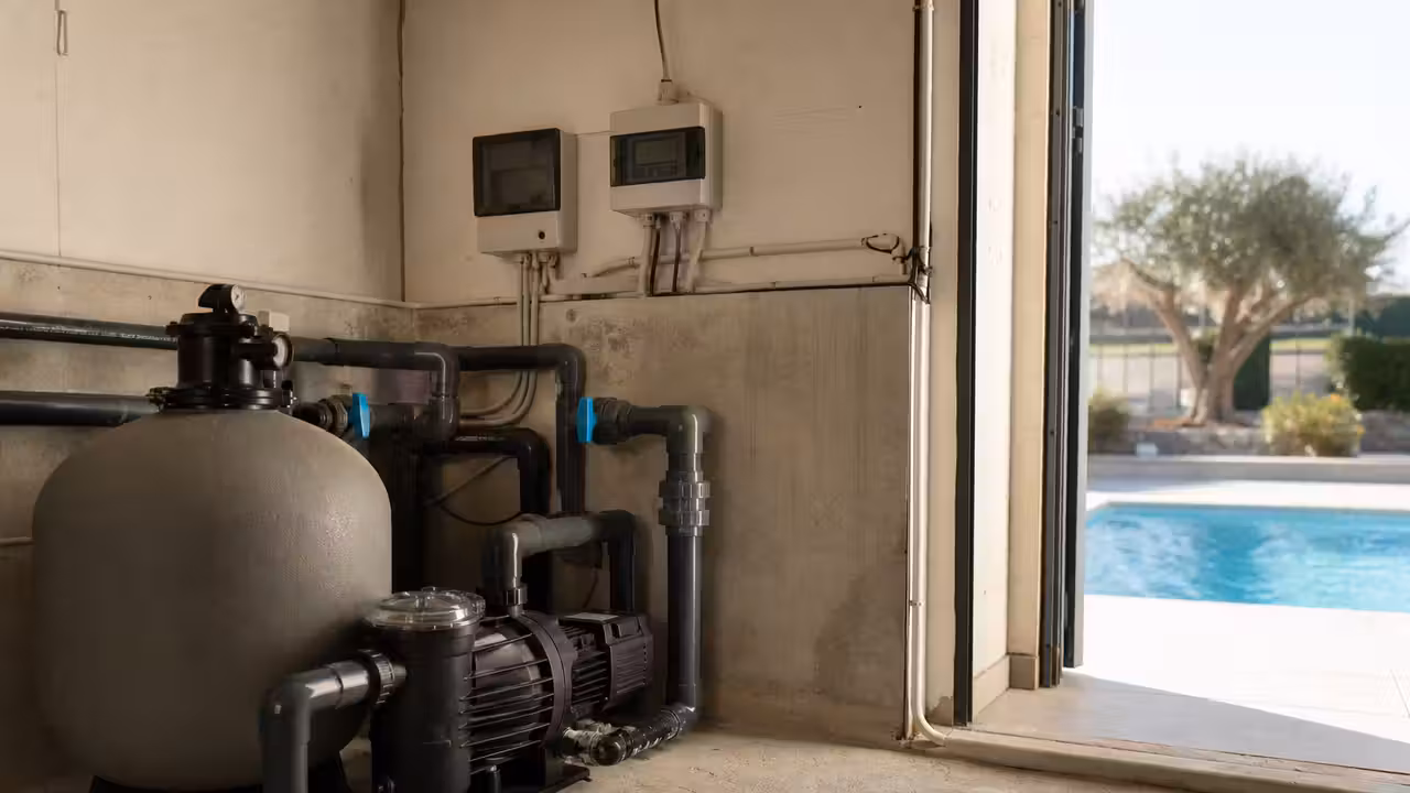 Local technique de piscine moderne avec pompe à vitesse variable, filtre et régulateur installés sur un mur clair