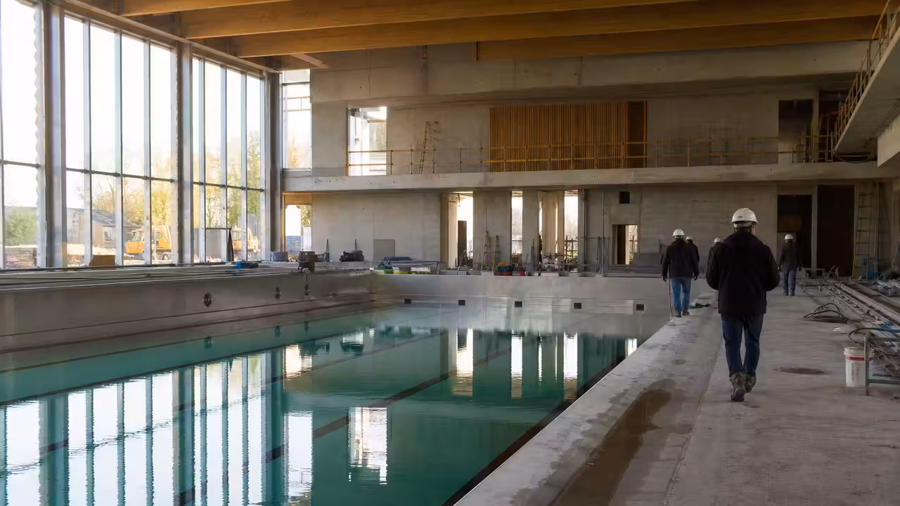 Bassin sportif de 25 mètres en cours d’installation dans un centre aquatique moderne aux lignes d’eau visibles
