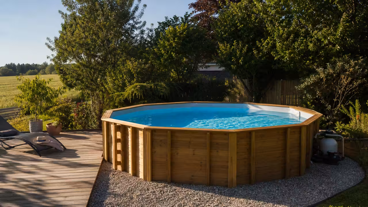 Piscine hors sol en bois installée sur une terrasse de jardin, avec filtration discrète et végétation en arrière-plan