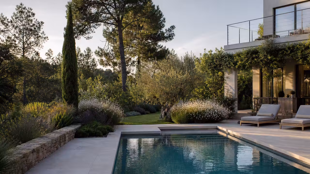 Piscine contemporaine à ligne d’eau sobre, terrasse minérale et végétaux méditerranéens autour du bassin