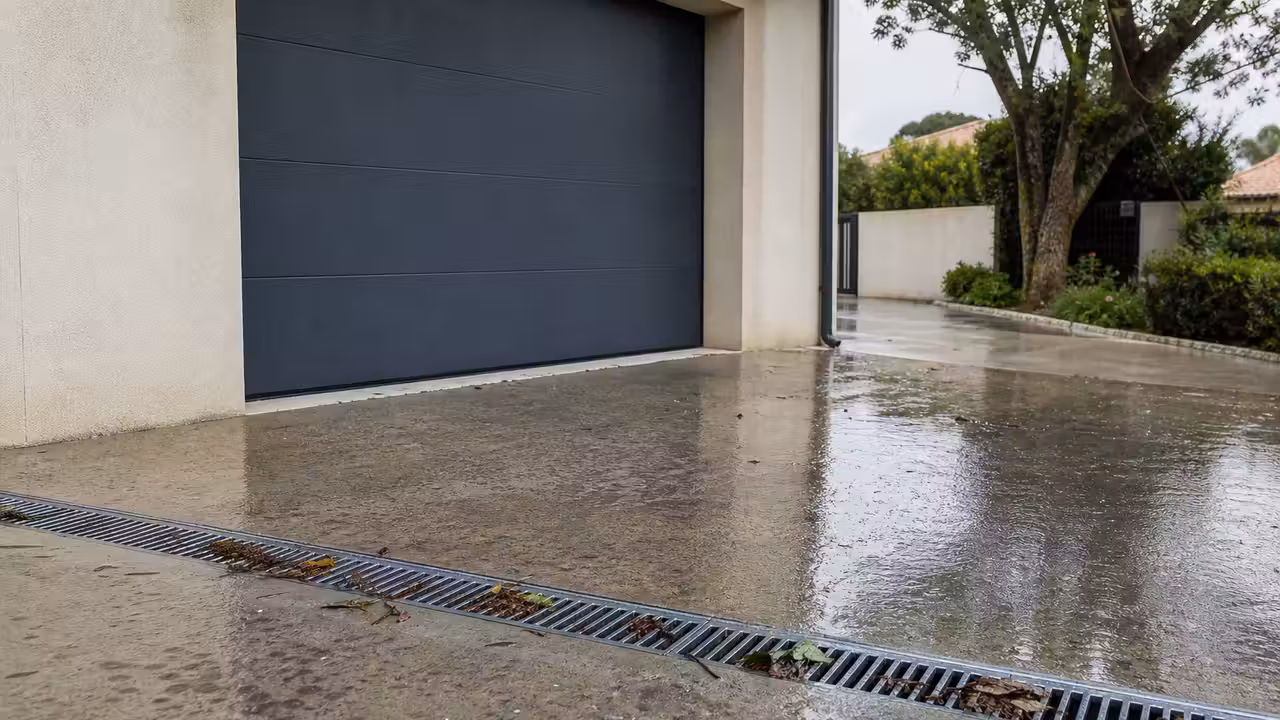 Eau de pluie stagnante devant une porte de garage, avec caniveau et allée en pente visibles