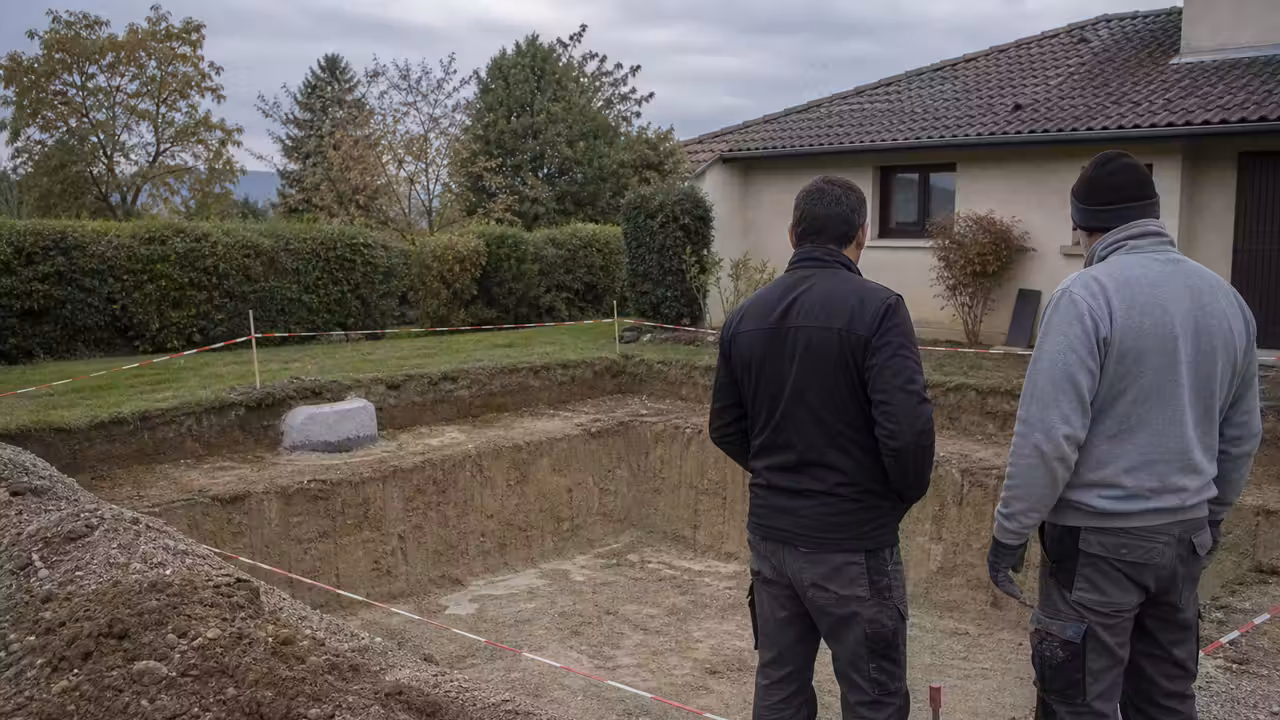 Terrassement d’une future piscine dans un jardin, avec une zone de sol mise en sécurité par des ouvriers