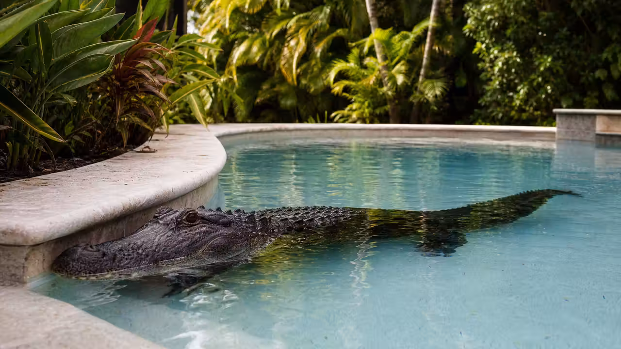 Alligator immobile au bord d’une piscine résidentielle entourée de végétation tropicale en Floride.