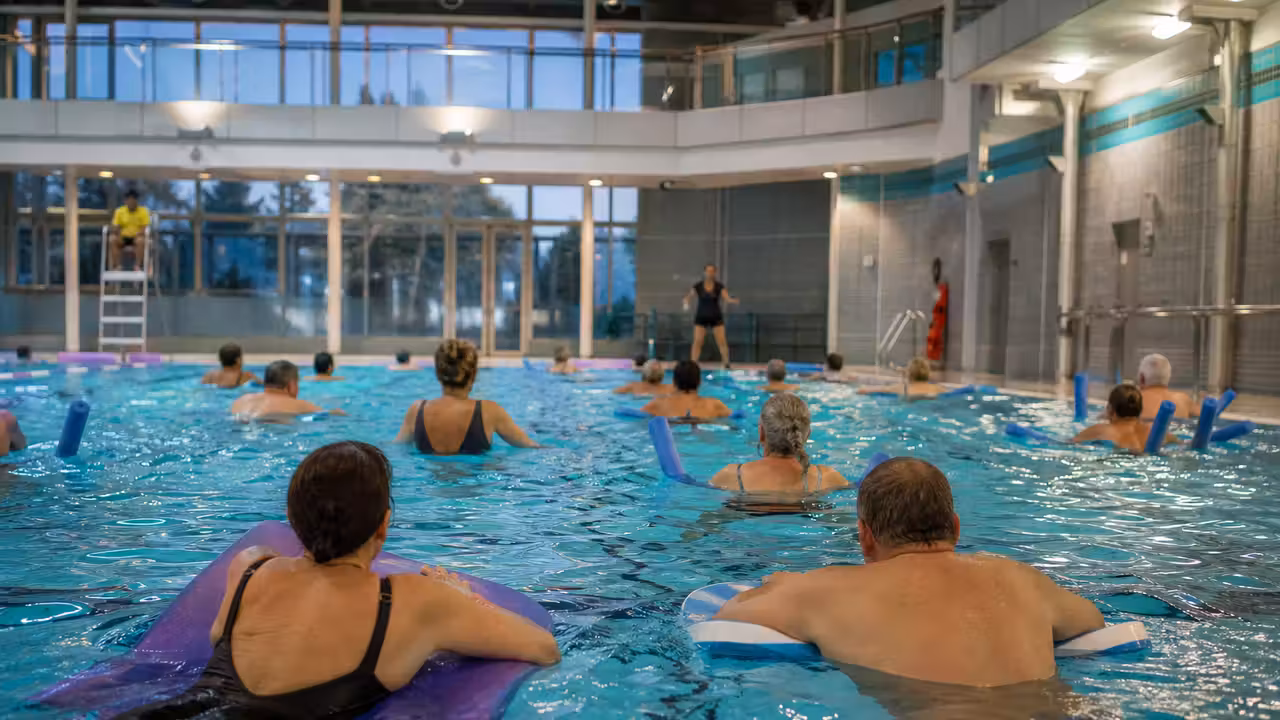 Animation aquatique en soirée dans une piscine publique, avec parcours flottant et nageurs encadrés