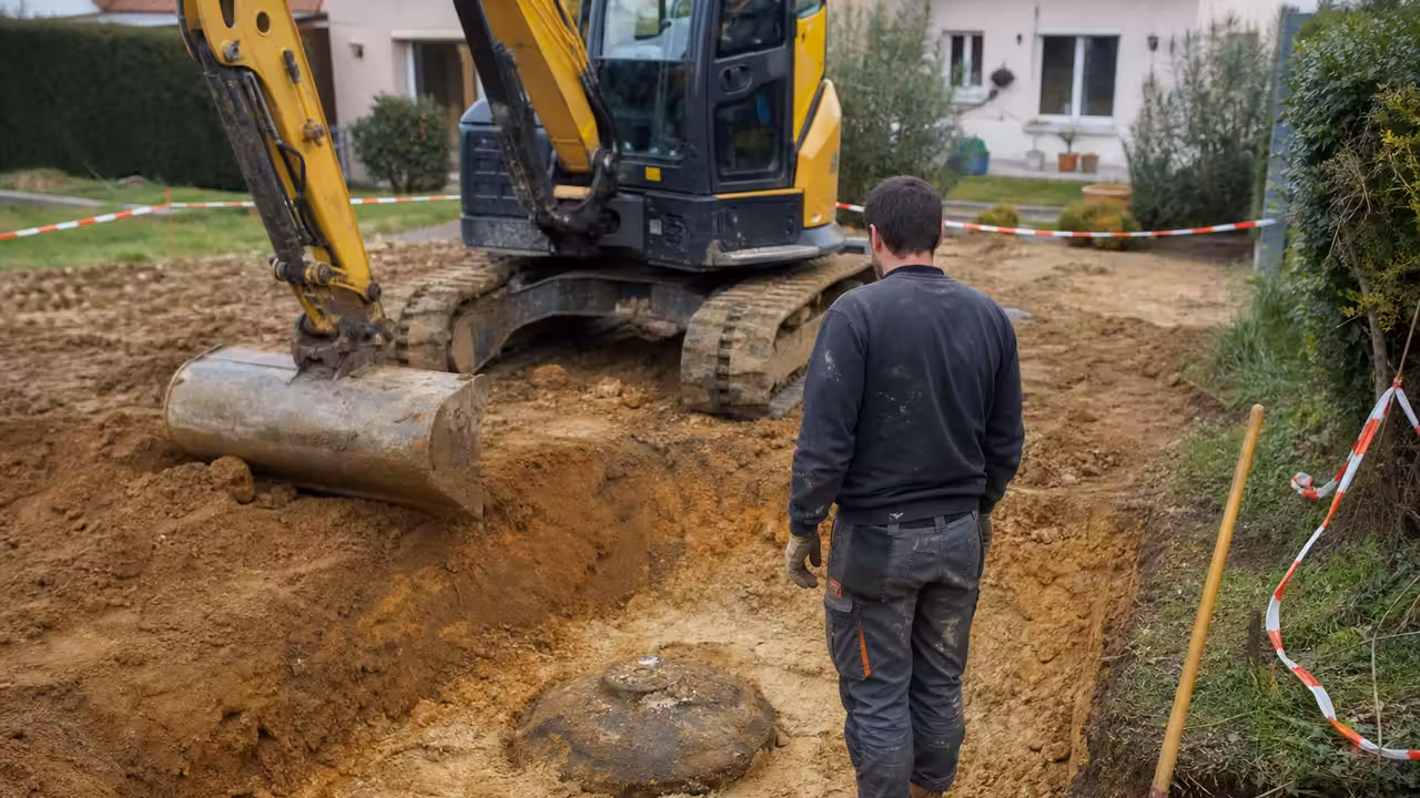 Terrassier arrêtant une mini-pelle devant un objet ancien apparu dans la terre d’un futur bassin