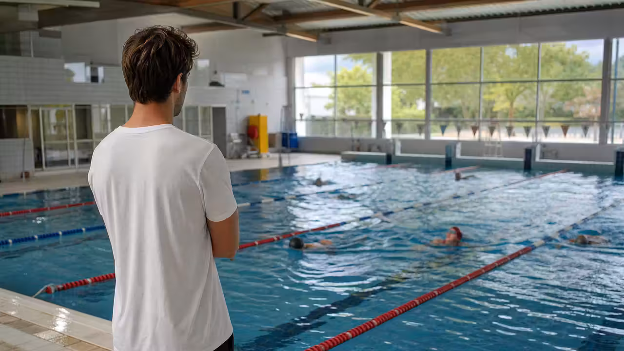 Maître-nageur préparant un bassin municipal avant une séance collective de natation et d’aquagym