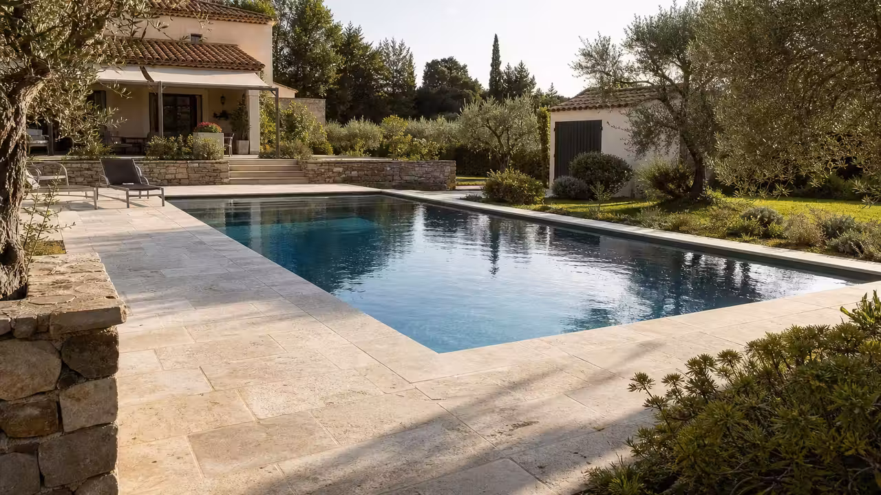 Maison méditerranéenne avec piscine rectangulaire et terrasse ensoleillée dans un jardin arboré