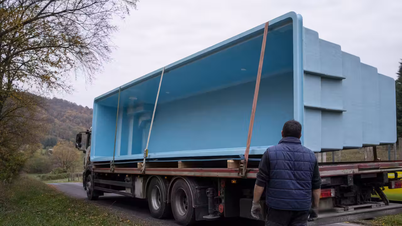 Piscine coque arrimée sur un camion spécialisé lors d’une livraison sur une route de campagne française