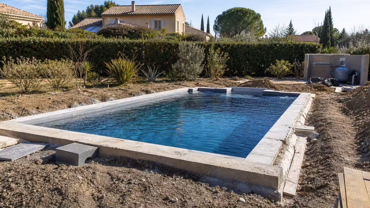 Piscine familiale en chantier, bordée d’une clôture et d’une haie entre deux jardins voisins