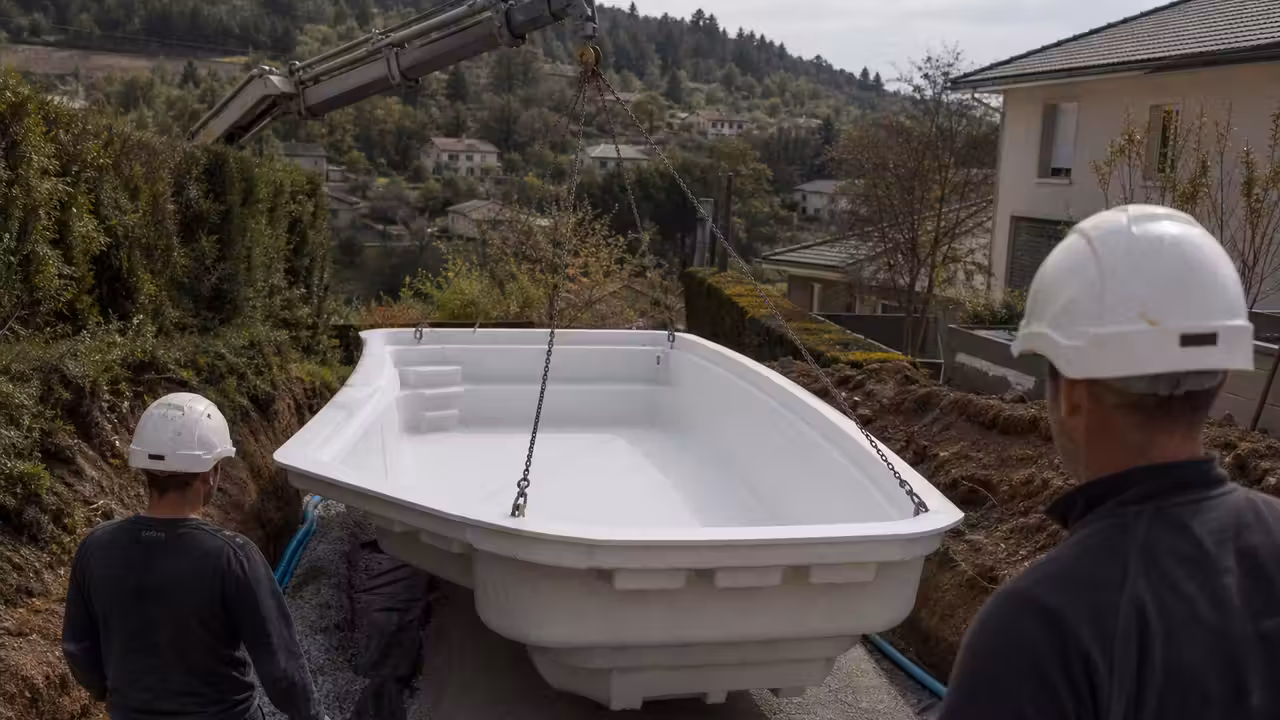 Levage d’une coque de piscine dans un jardin en pente, avec grue et fouille préparée à proximité