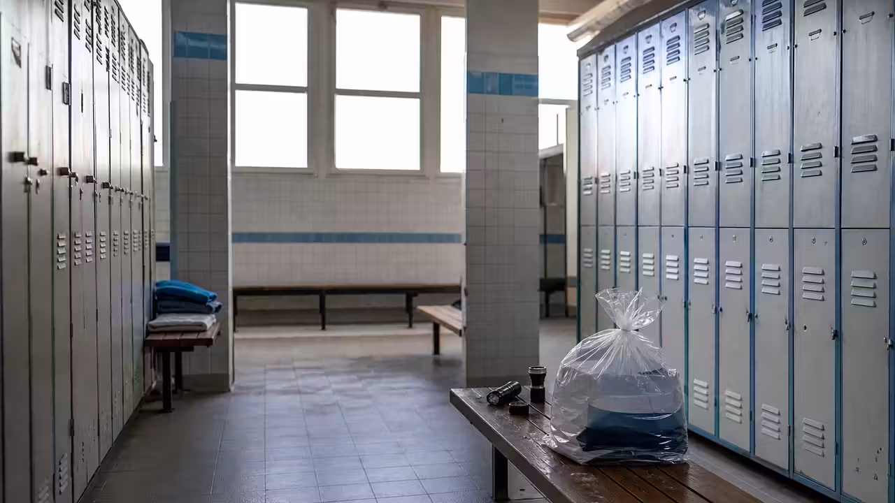 Vestiaire de piscine municipale vide avec casiers métalliques, bancs et matériel d'inspection sanitaire