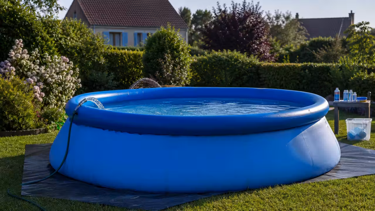 Piscine gonflable ronde installée sur une pelouse plane, avec tapis de sol et tuyau de remplissage