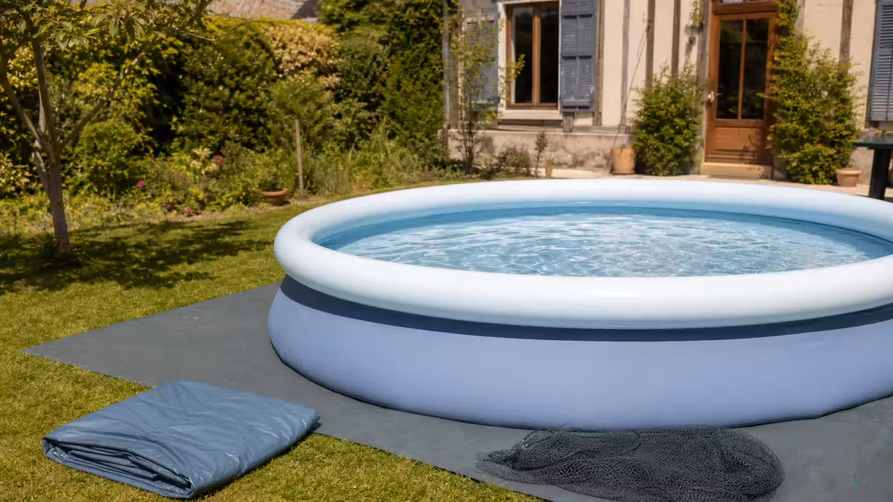 Petite piscine hors sol gonflable installée sur un tapis protecteur dans un jardin plat et ensoleillé