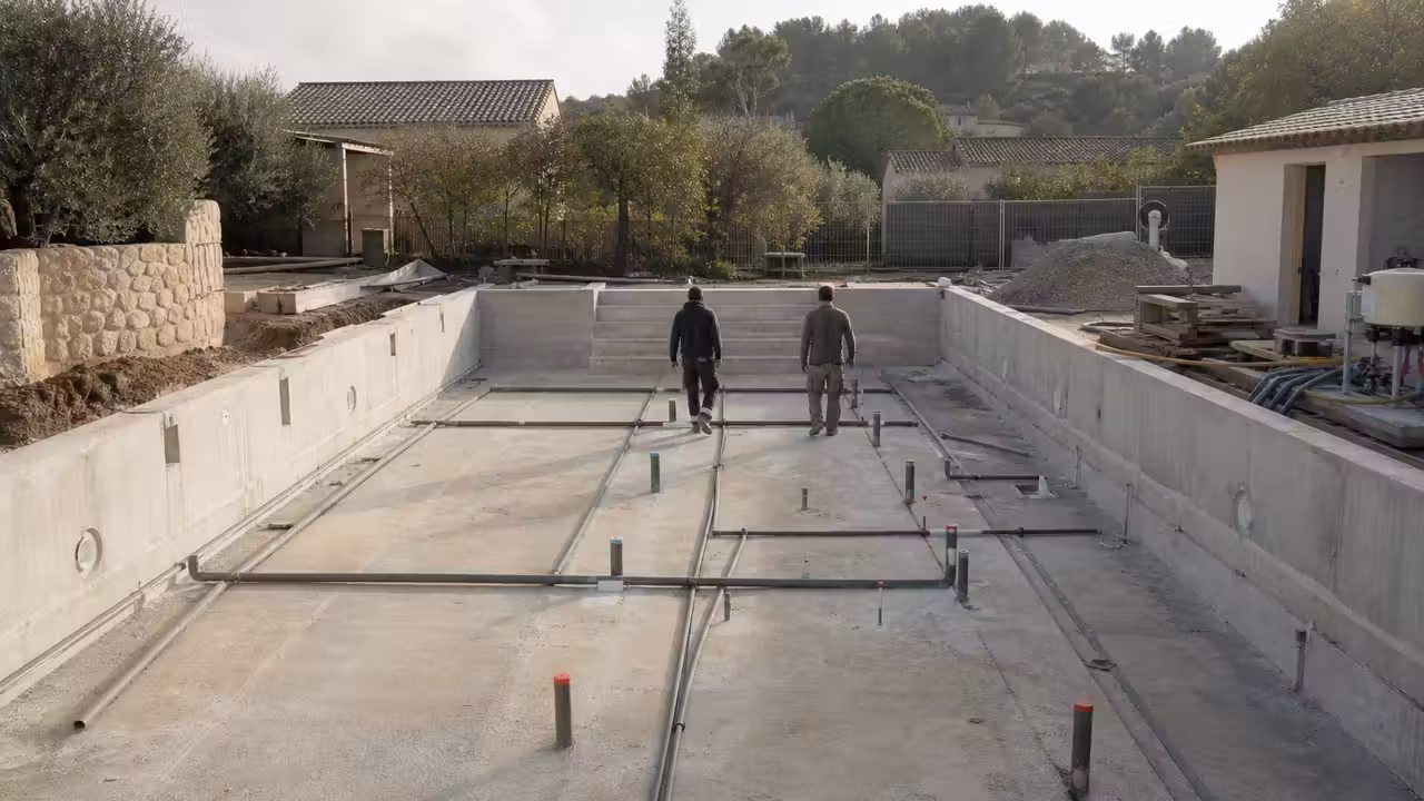 Piscine municipale en travaux avec bassin vidé, réseaux techniques apparents et ouvriers au second plan
