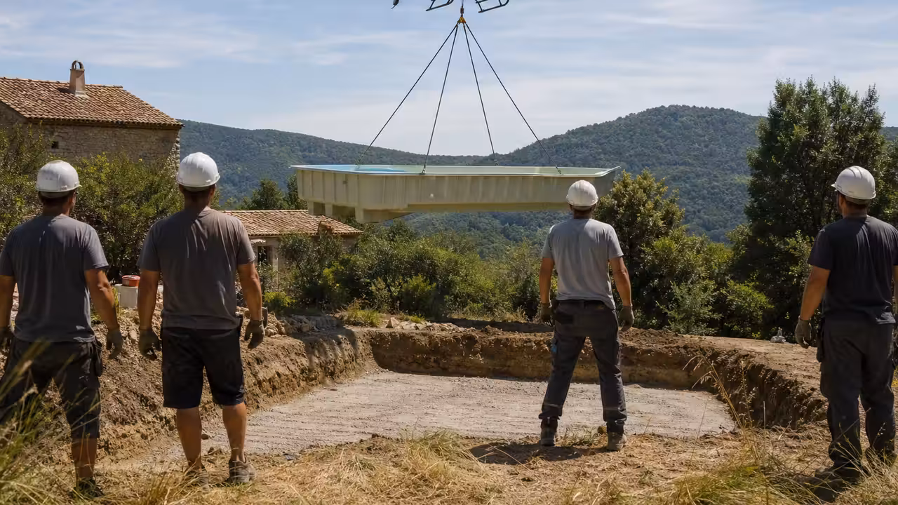 Piscine suspendue sous un hélicoptère au-dessus d’un chantier sur un terrain rural en pente