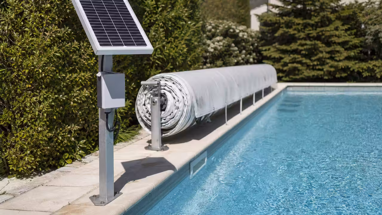 Panneau solaire de volet roulant de piscine installé sur une margelle près de l'eau turquoise