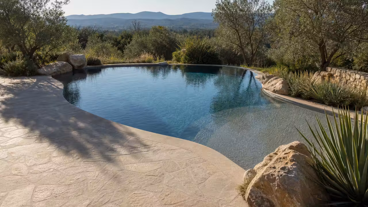 Piscine contemporaine aux courbes libres, terrasse minérale et végétation méditerranéenne au soleil