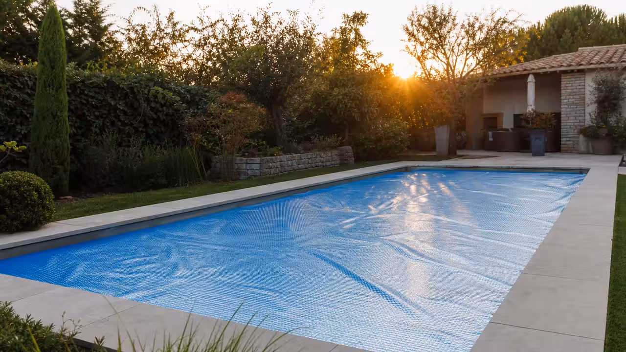 Piscine familiale couverte par une bâche à bulles au coucher du soleil, avec local technique discret à l’arrière-plan